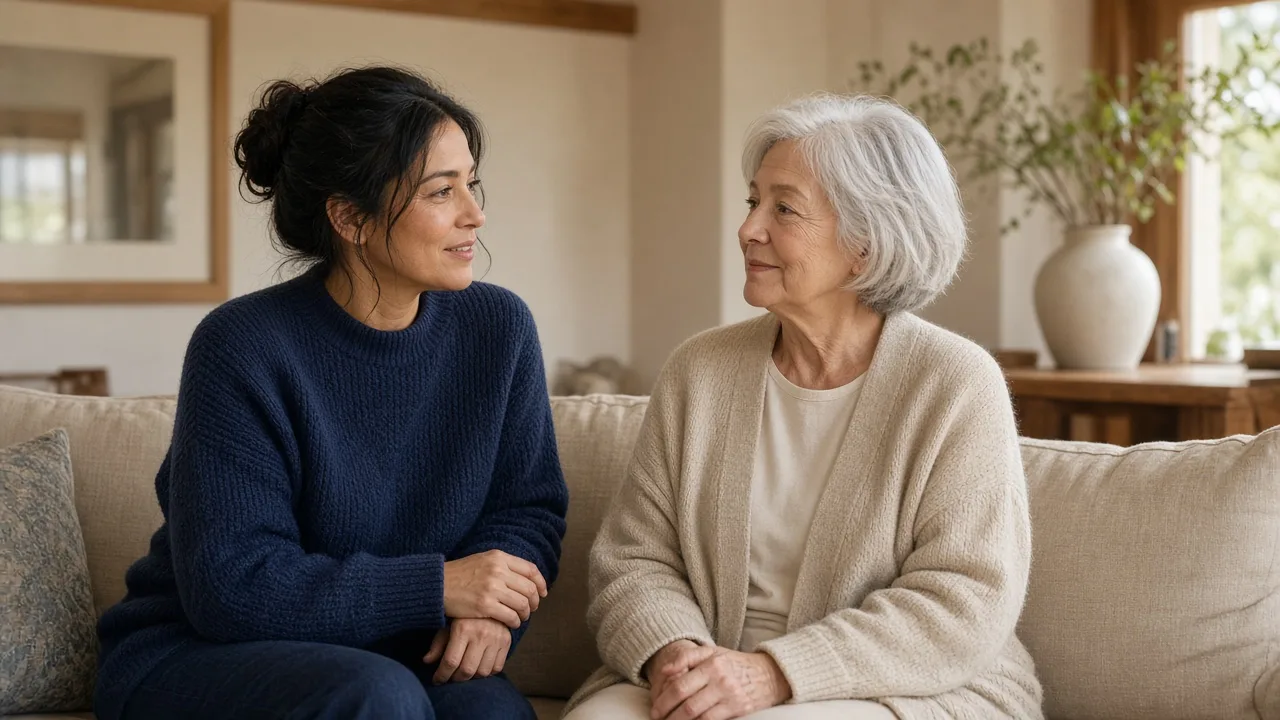 An adult daughter talking with her older mother at home